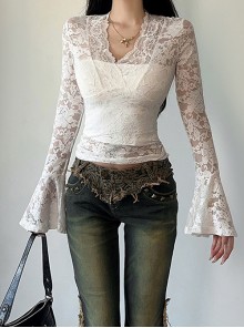 Sexy Slightly Transparent White Lace Splicing V Neck Slim Fit Gothic Style Versatile Long Sleeves Top