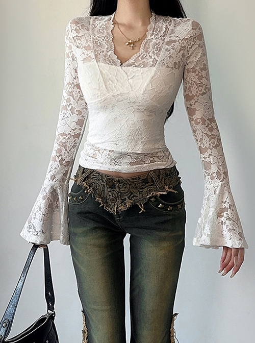 Sexy Slightly Transparent White Lace Splicing V Neck Slim Fit Gothic Style Versatile Long Sleeves Top