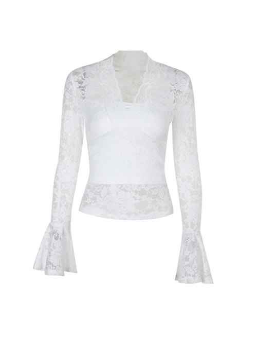 Sexy Slightly Transparent White Lace Splicing V Neck Slim Fit Gothic Style Versatile Long Sleeves Top
