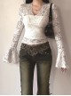 Sexy Slightly Transparent White Lace Splicing V Neck Slim Fit Gothic Style Versatile Long Sleeves Top