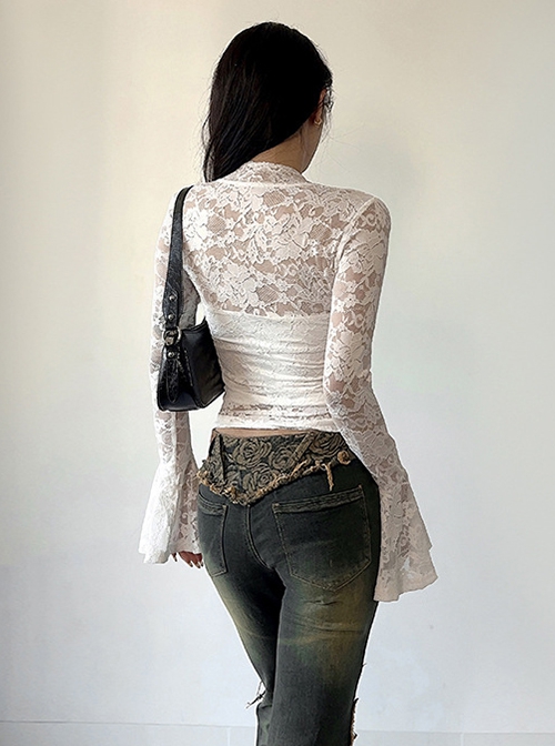 Sexy Slightly Transparent White Lace Splicing V Neck Slim Fit Gothic Style Versatile Long Sleeves Top