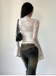 Sexy Slightly Transparent White Lace Splicing V Neck Slim Fit Gothic Style Versatile Long Sleeves Top