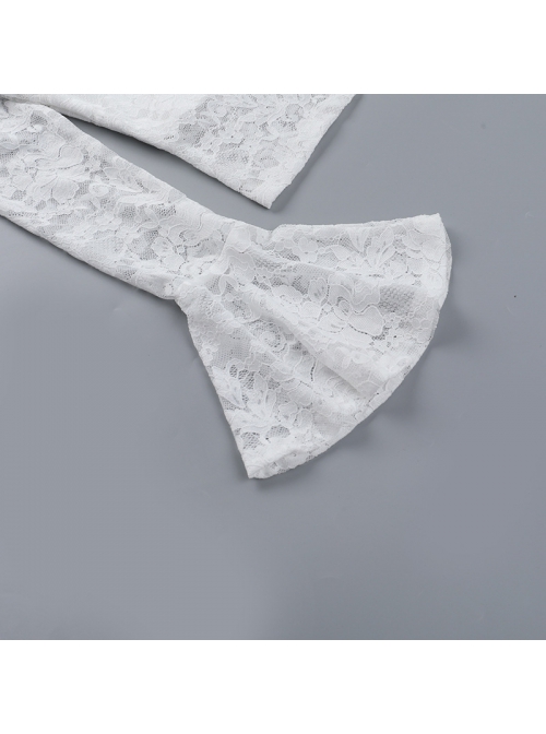 Sexy Slightly Transparent White Lace Splicing V Neck Slim Fit Gothic Style Versatile Long Sleeves Top