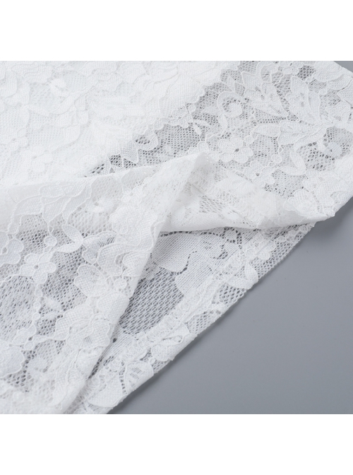 Sexy Slightly Transparent White Lace Splicing V Neck Slim Fit Gothic Style Versatile Long Sleeves Top