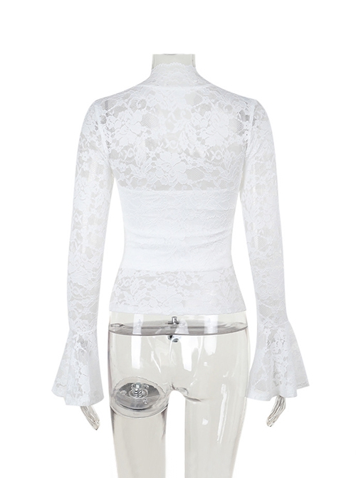 Sexy Slightly Transparent White Lace Splicing V Neck Slim Fit Gothic Style Versatile Long Sleeves Top