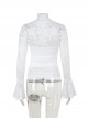 Sexy Slightly Transparent White Lace Splicing V Neck Slim Fit Gothic Style Versatile Long Sleeves Top