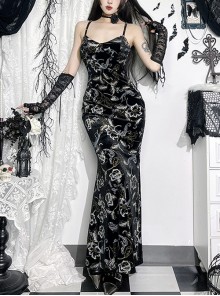 Elegant Sexy Slim Black Retro Bronzing Velvet Gothic Style Suspender Dress