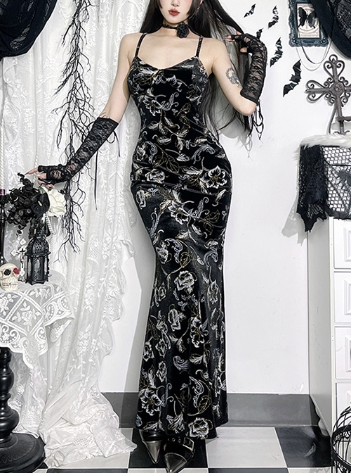 Elegant Sexy Slim Black Retro Bronzing Velvet Gothic Style Suspender Dress