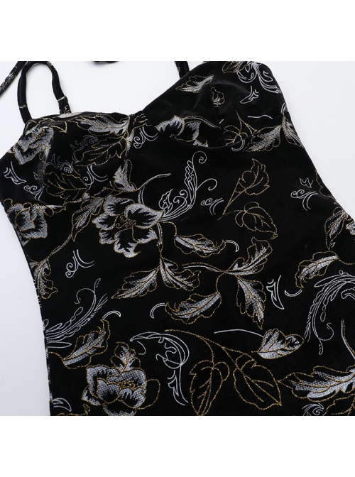Elegant Sexy Slim Black Retro Bronzing Velvet Gothic Style Suspender Dress
