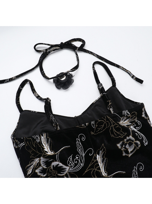 Elegant Sexy Slim Black Retro Bronzing Velvet Gothic Style Suspender Dress