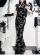 Retro Sexy Slit New Chinese Style Black Bronzing Print Gothic Style Velvet Modified Cheongsam Dress