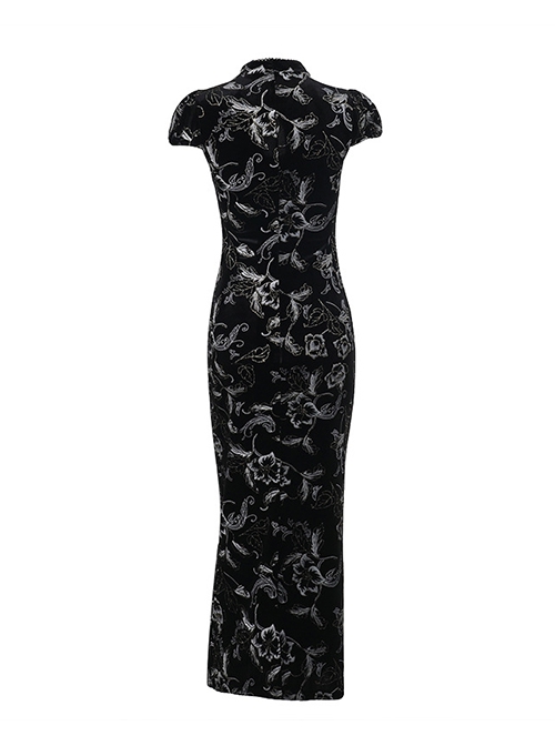 Retro Sexy Slit New Chinese Style Black Bronzing Print Gothic Style Velvet Modified Cheongsam Dress