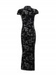 Retro Sexy Slit New Chinese Style Black Bronzing Print Gothic Style Velvet Modified Cheongsam Dress