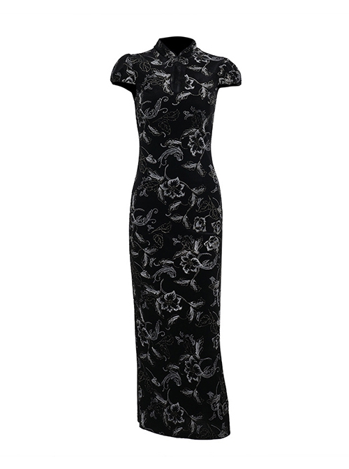 Retro Sexy Slit New Chinese Style Black Bronzing Print Gothic Style Velvet Modified Cheongsam Dress