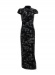 Retro Sexy Slit New Chinese Style Black Bronzing Print Gothic Style Velvet Modified Cheongsam Dress