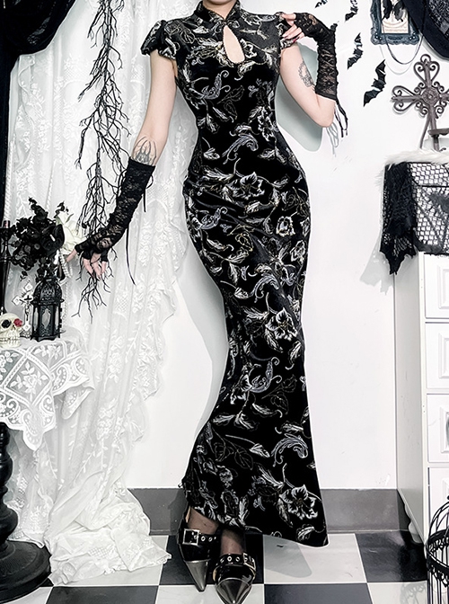 Retro Sexy Slit New Chinese Style Black Bronzing Print Gothic Style Velvet Modified Cheongsam Dress