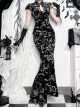 Retro Sexy Slit New Chinese Style Black Bronzing Print Gothic Style Velvet Modified Cheongsam Dress