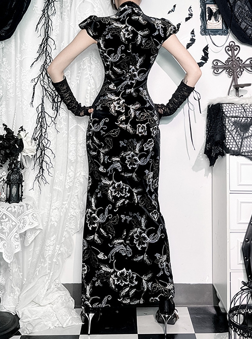 Retro Sexy Slit New Chinese Style Black Bronzing Print Gothic Style Velvet Modified Cheongsam Dress