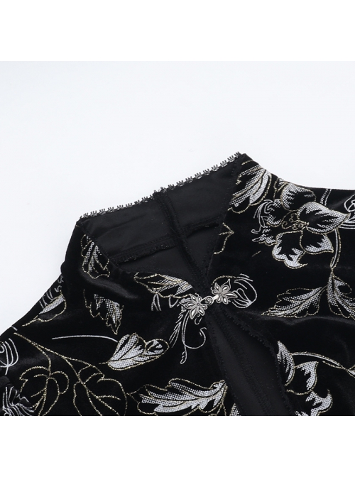 Retro Sexy Slit New Chinese Style Black Bronzing Print Gothic Style Velvet Modified Cheongsam Dress