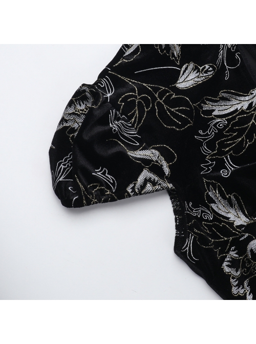 Retro Sexy Slit New Chinese Style Black Bronzing Print Gothic Style Velvet Modified Cheongsam Dress