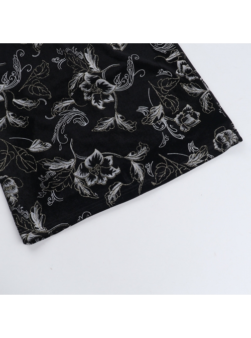 Retro Sexy Slit New Chinese Style Black Bronzing Print Gothic Style Velvet Modified Cheongsam Dress