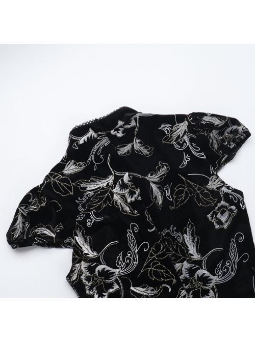 Retro Sexy Slit New Chinese Style Black Bronzing Print Gothic Style Velvet Modified Cheongsam Dress