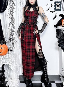 Dark Style Sexy Slim Red Plaid Lace Splicing Gothic Style Daily Versatile Suspender Dress