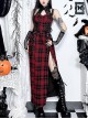 Dark Style Sexy Slim Red Plaid Lace Splicing Gothic Style Daily Versatile Suspender Dress