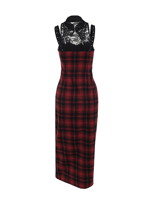 Dark Style Sexy Slim Red Plaid Lace Splicing Gothic Style Daily Versatile Suspender Dress