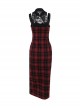 Dark Style Sexy Slim Red Plaid Lace Splicing Gothic Style Daily Versatile Suspender Dress