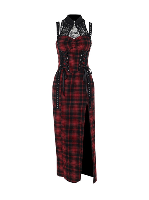 Dark Style Sexy Slim Red Plaid Lace Splicing Gothic Style Daily Versatile Suspender Dress