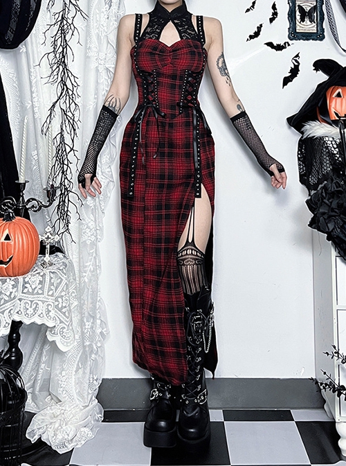 Dark Style Sexy Slim Red Plaid Lace Splicing Gothic Style Daily Versatile Suspender Dress