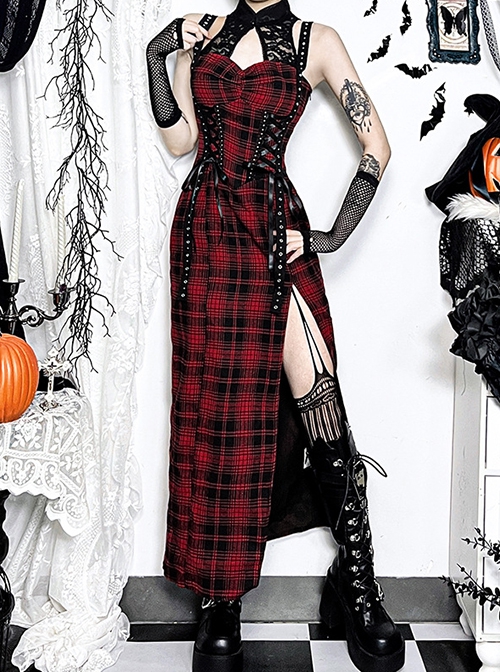 Dark Style Sexy Slim Red Plaid Lace Splicing Gothic Style Daily Versatile Suspender Dress