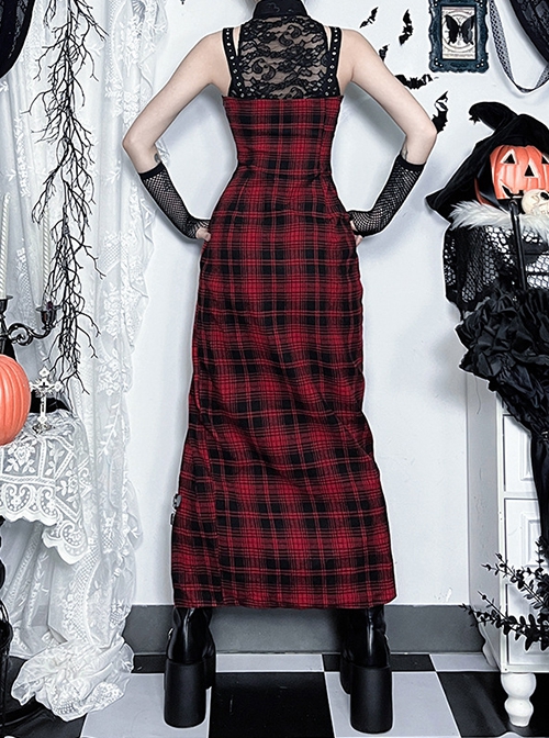 Dark Style Sexy Slim Red Plaid Lace Splicing Gothic Style Daily Versatile Suspender Dress