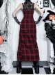 Dark Style Sexy Slim Red Plaid Lace Splicing Gothic Style Daily Versatile Suspender Dress