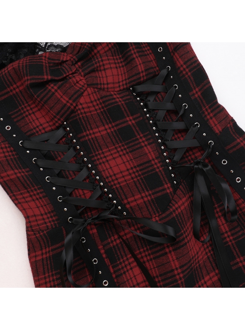 Dark Style Sexy Slim Red Plaid Lace Splicing Gothic Style Daily Versatile Suspender Dress