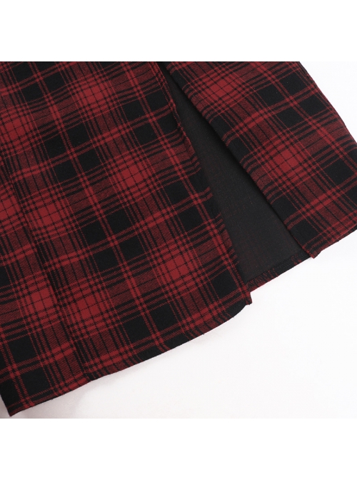 Dark Style Sexy Slim Red Plaid Lace Splicing Gothic Style Daily Versatile Suspender Dress