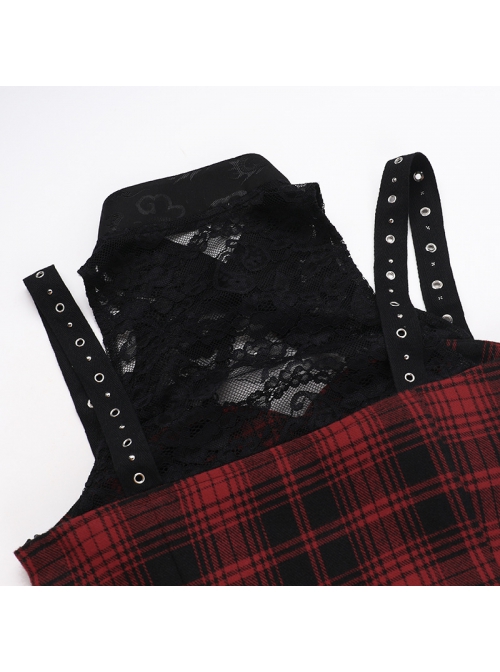 Dark Style Sexy Slim Red Plaid Lace Splicing Gothic Style Daily Versatile Suspender Dress