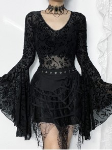 Retro Elegant Slim Black Dark Pattern Flocking Gothic Style Flared Long Sleeves Top