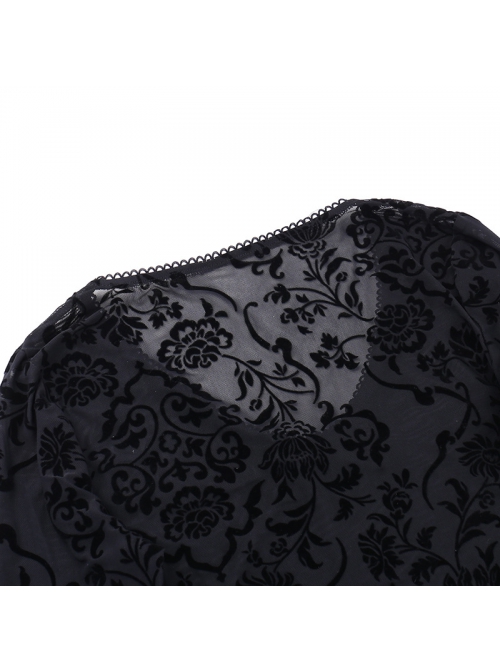 Retro Elegant Slim Black Dark Pattern Flocking Gothic Style Flared Long Sleeves Top