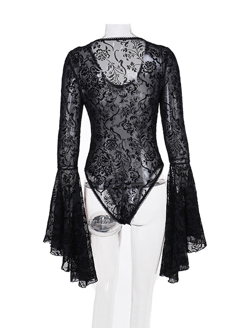 Retro Elegant Slim Black Dark Pattern Flocking Gothic Style Flared Long Sleeves Top