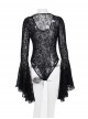 Retro Elegant Slim Black Dark Pattern Flocking Gothic Style Flared Long Sleeves Top