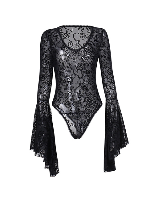 Retro Elegant Slim Black Dark Pattern Flocking Gothic Style Flared Long Sleeves Top