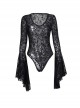 Retro Elegant Slim Black Dark Pattern Flocking Gothic Style Flared Long Sleeves Top