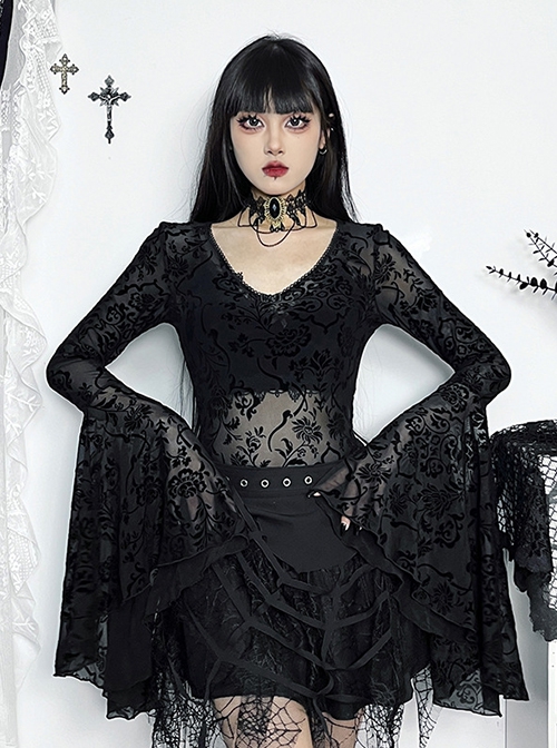 Retro Elegant Slim Black Dark Pattern Flocking Gothic Style Flared Long Sleeves Top