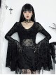 Retro Elegant Slim Black Dark Pattern Flocking Gothic Style Flared Long Sleeves Top
