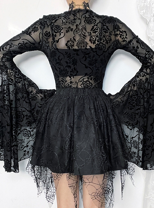 Retro Elegant Slim Black Dark Pattern Flocking Gothic Style Flared Long Sleeves Top