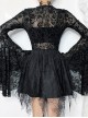 Retro Elegant Slim Black Dark Pattern Flocking Gothic Style Flared Long Sleeves Top