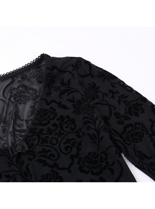Retro Elegant Slim Black Dark Pattern Flocking Gothic Style Flared Long Sleeves Top