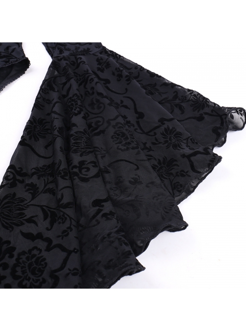 Retro Elegant Slim Black Dark Pattern Flocking Gothic Style Flared Long Sleeves Top